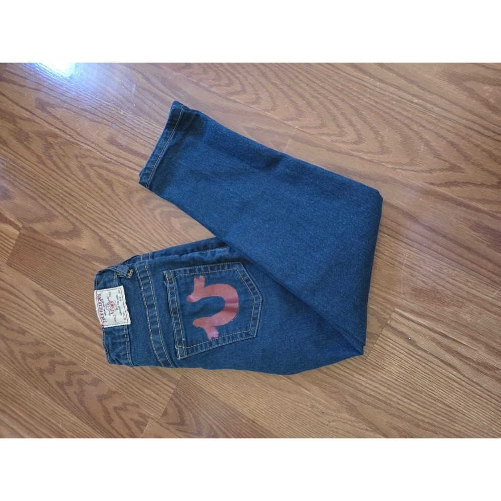 True Religion Boys Dark Wash Straight Leg Jeans Horseshoe Logo Size 7 Adjustable